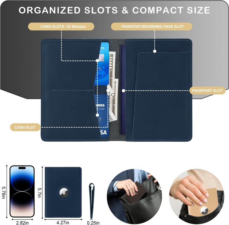 Kicoroiny Airtag Passport Holder for Women Men Travel, Real Leather Passport Wallet, Handmade Passport Cover Case with Airtag Slot, Travel Must Haves Essentials Accessories Birthday Gifts (Crazy Horse, Blue) - Image 5